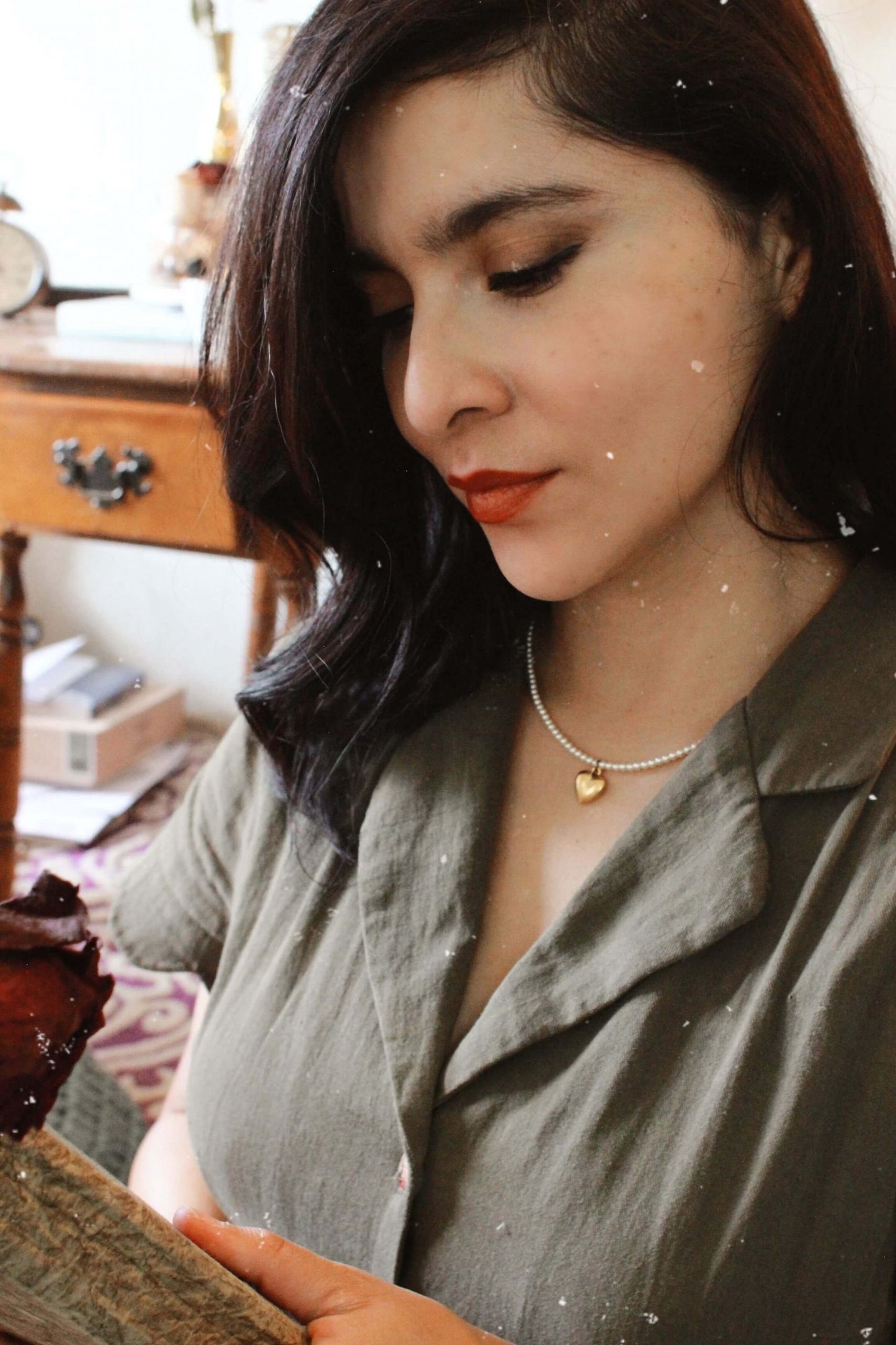 Sweetheart Collection - Pearl Drop Earrings with Army Green Accents by Kaleidoscopes And Polka Dots
