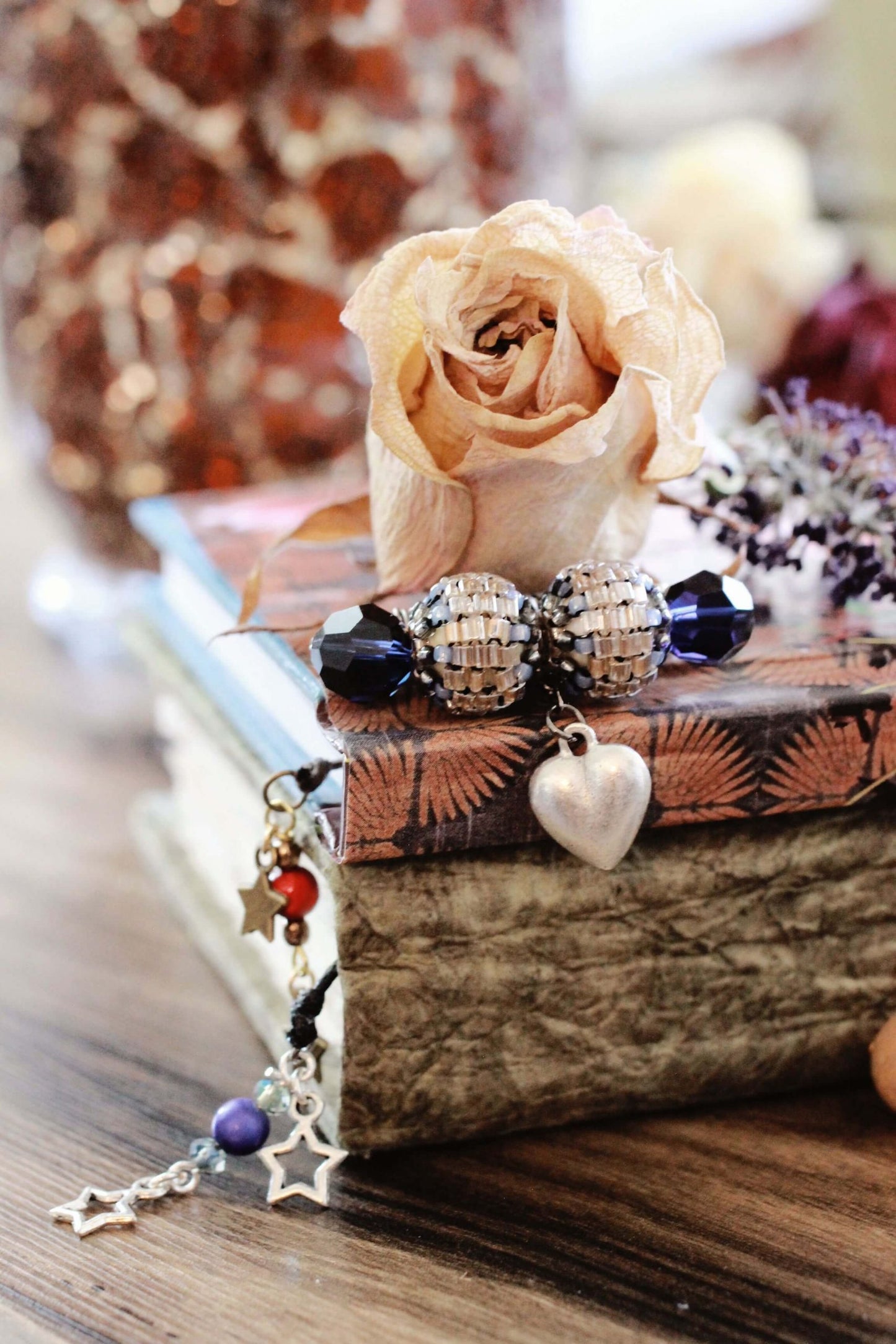 Brass Star Beaded Bookmark & Silver Heart & Blue Crystal Brooch by Kaleidoscopes & Polka Dots