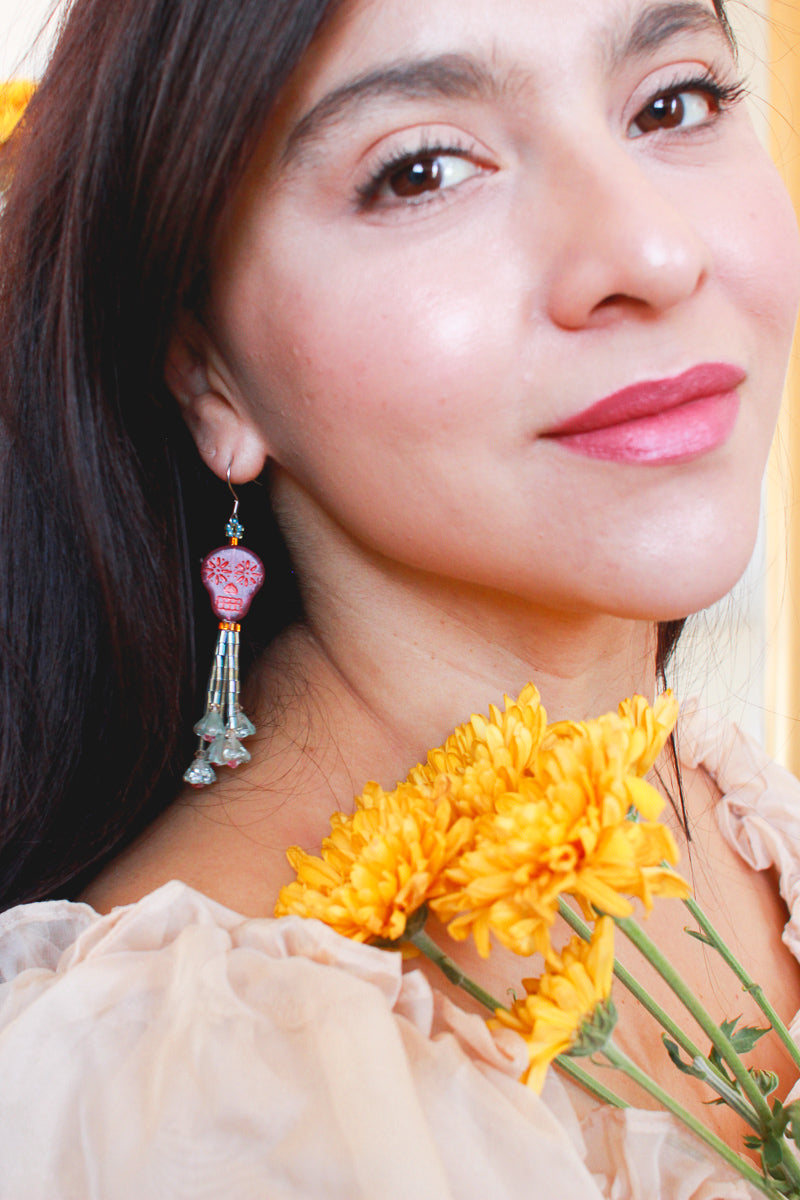 Pink Sugar Skull Tassel Earrings for Dia De Muertos by Kaleidoscopes And Polka Dots