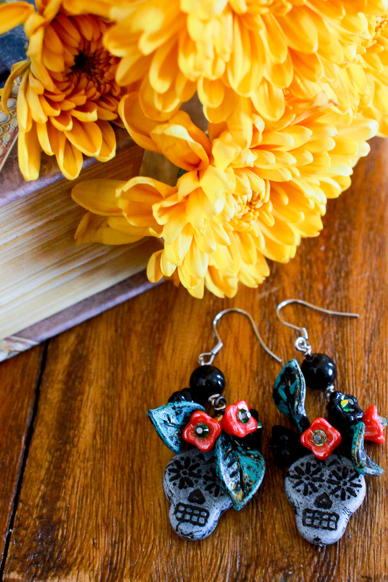 Dia De Los Muertos Black Sugar Skull Dangle Earrings