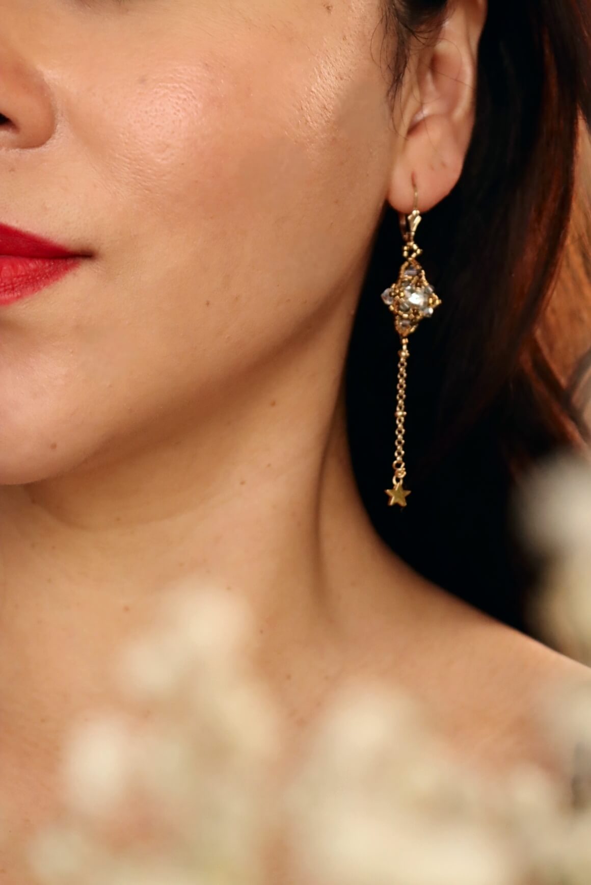 Long Gold Dangle Earrings With Delicate Star Charms - Classic Beaded Gold Earrings - Kaleidoscopes And Polka Dots