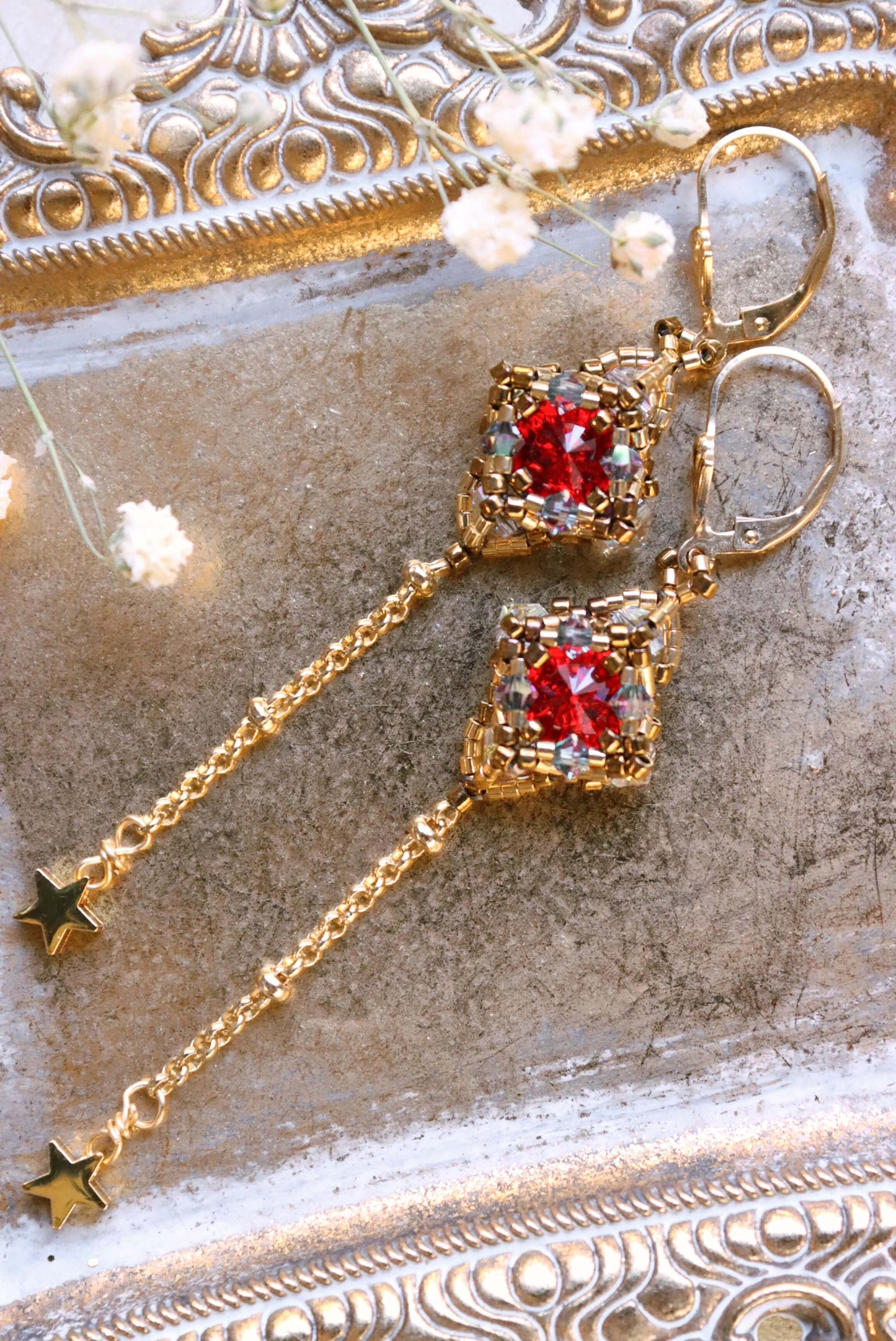 Red Gold Star Dangle Earrings With Delicate Star Charms - Red Crystal Bead Gold Earrings - Kaleidoscopes And Polka Dots