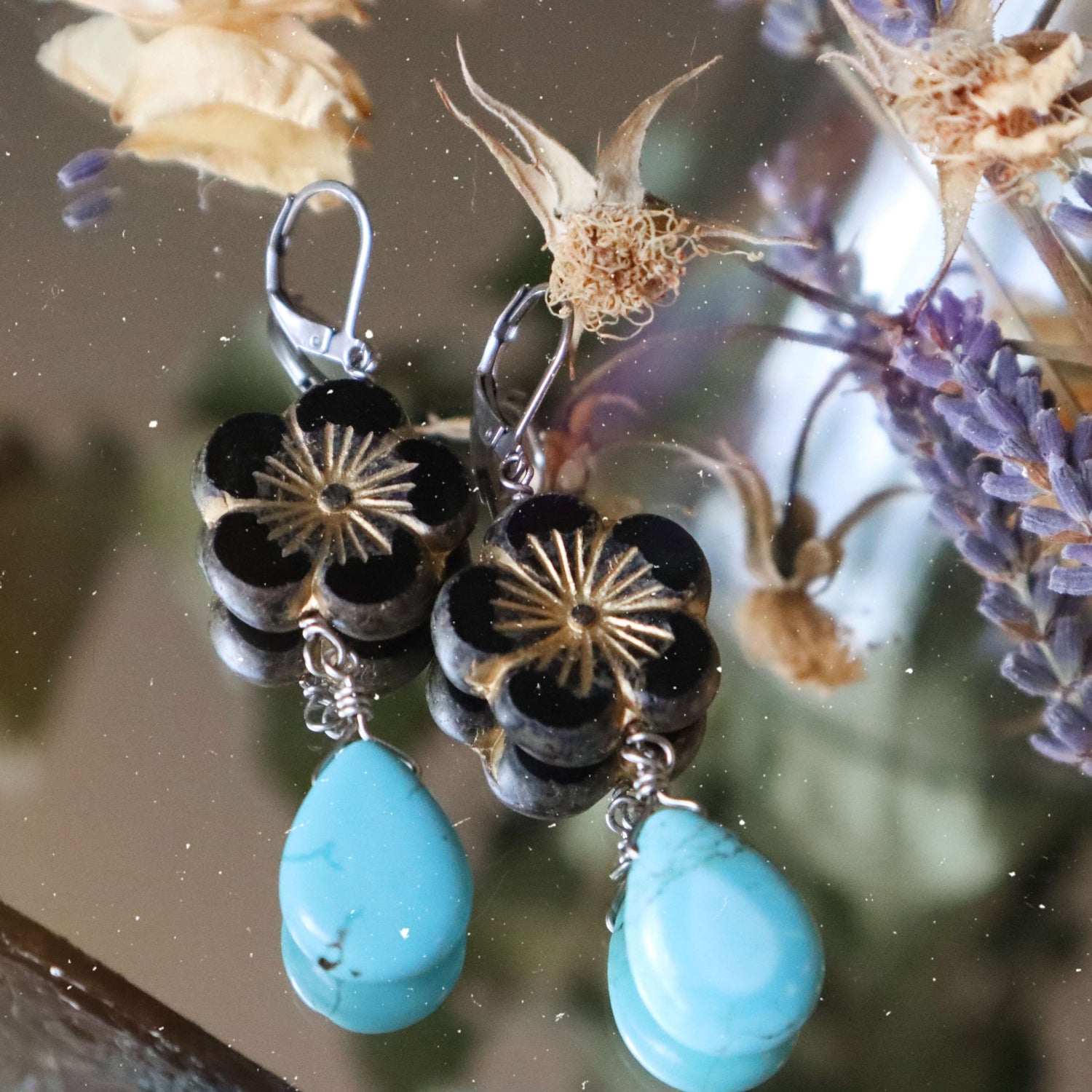 Black Flower Turquoise Dangle Earrings by Kaleidoscopes And Polka Dots