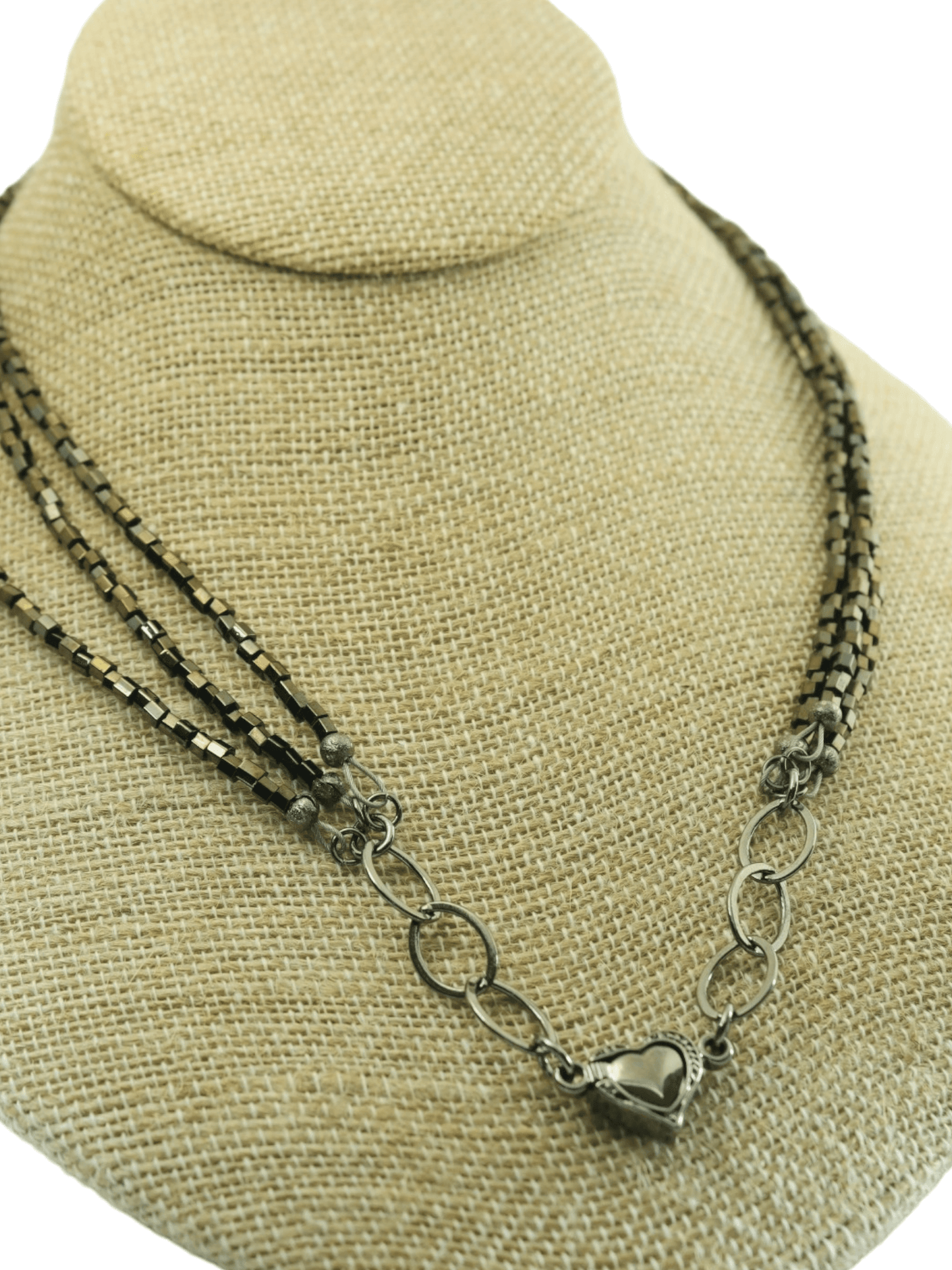 Gunmetal Plated Heart Clasp Bronze Multistrand Choker - Kaleidoscopes And Polka Dots