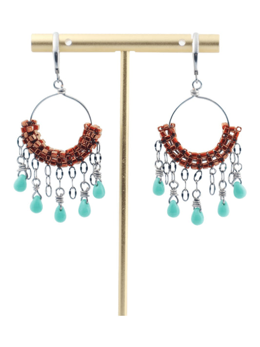Copper Hoop Earrings With Turquoise Drop Accents