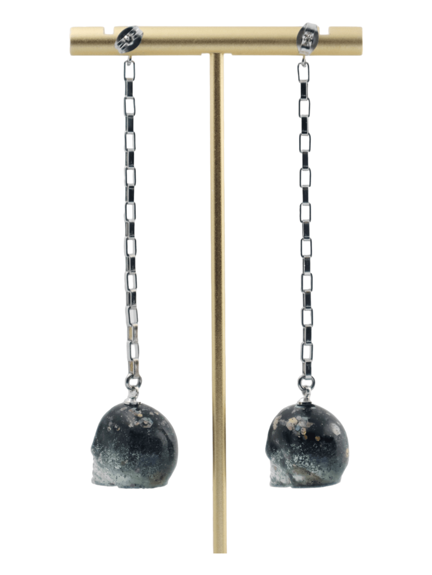 Dangle-Skull-Earrings---CHROME---Glittery-Halloween-Earrings---Back---Kaleidoscopes-And-Polka-Dots