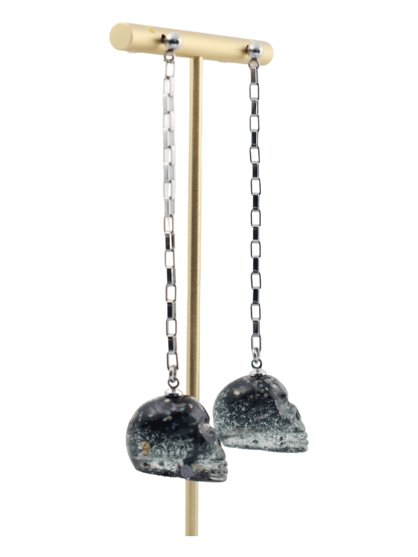 Dangle-Skull-Earrings---CHROME---Glittery-Halloween-Earrings---SIDE---Kaleidoscopes-And-Polka-Dots