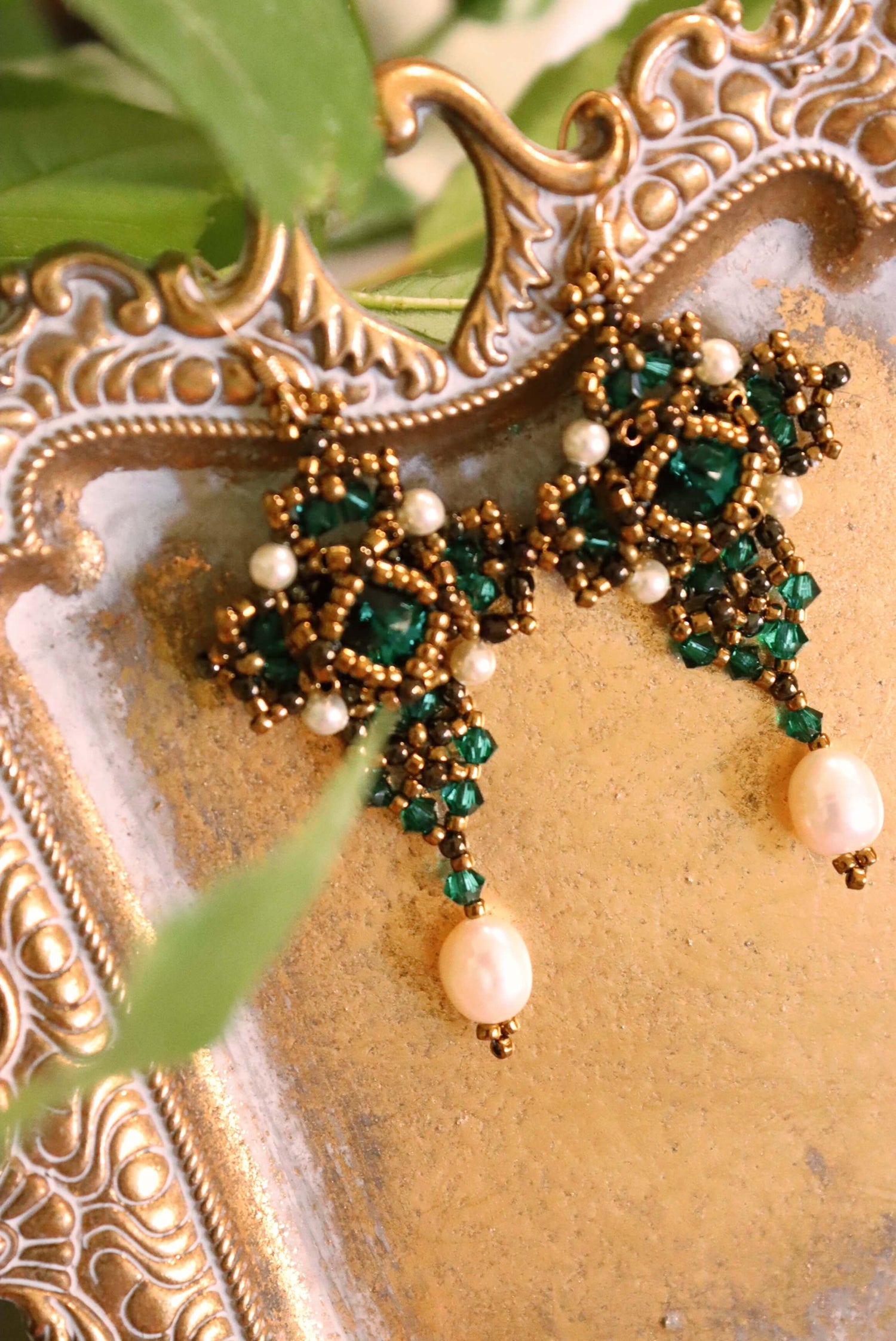 Peral Drop Emerald Green Crystal Cross Earrings - Verde Esmeralda Jewelry Collection - Kaleidoscopes And Polka Dots