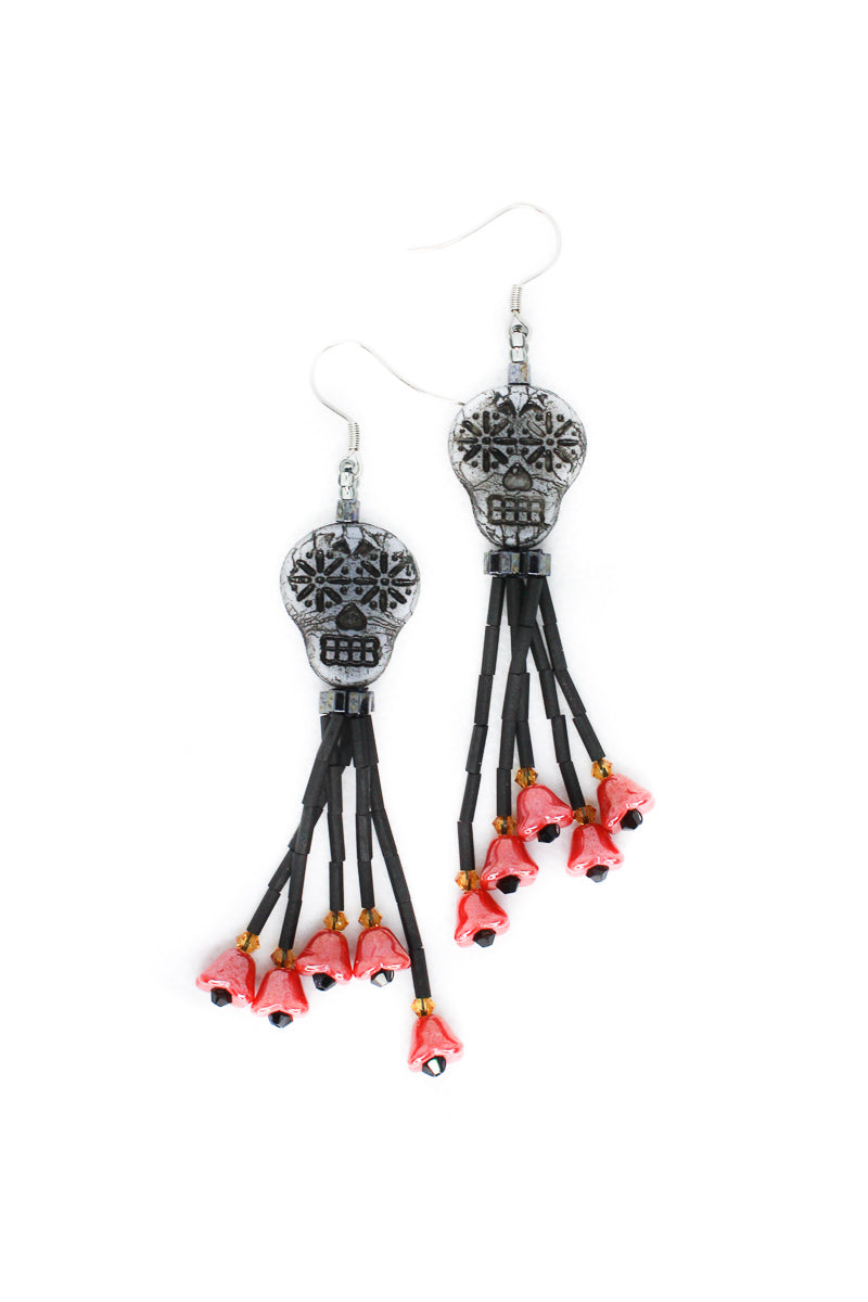 Orange Flower Beaded Sugar Skull Earrings - Day Of The Dead Inspired Earrings by Kaleidoscopes And Polka Dots