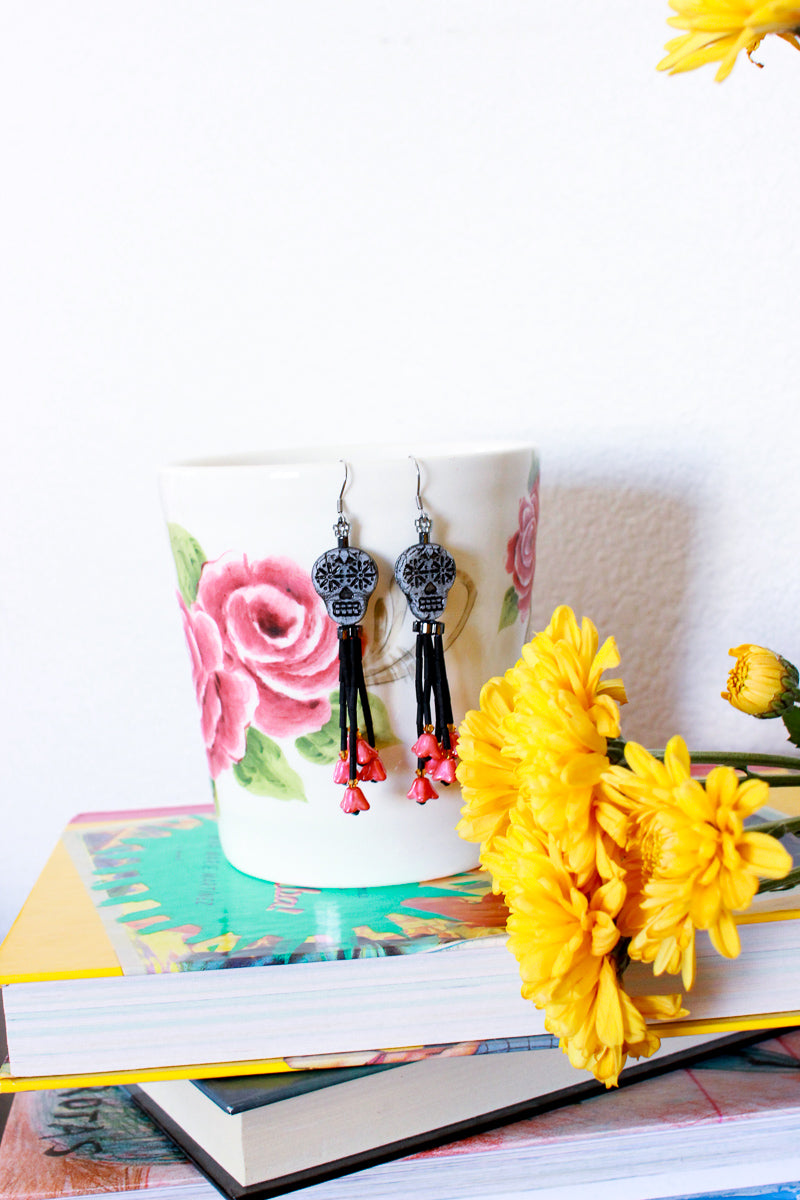 Black Sugar Skull Beaded Orange Flower Tassel Earrings