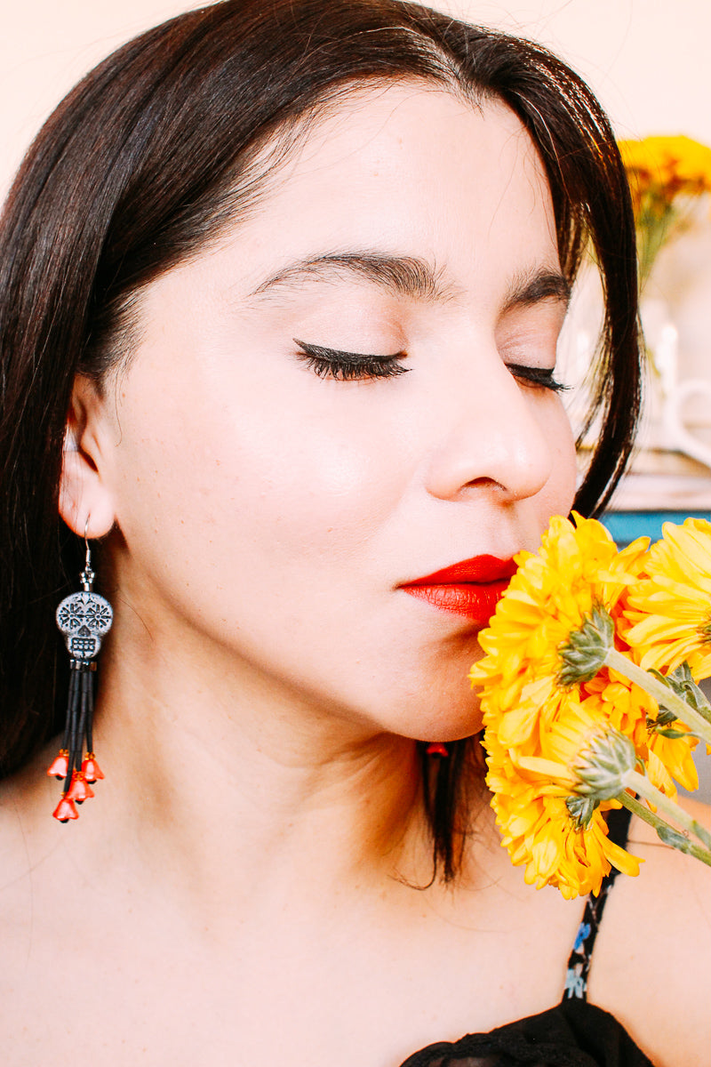 Black Sugar Skull Tassel Earrings - Orange Flower Earrings for Day Of The Dead