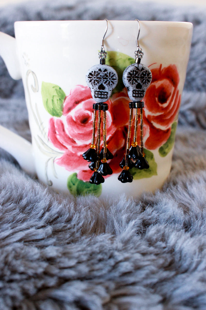 Sugar Skull Black Flower Tassel Earrings