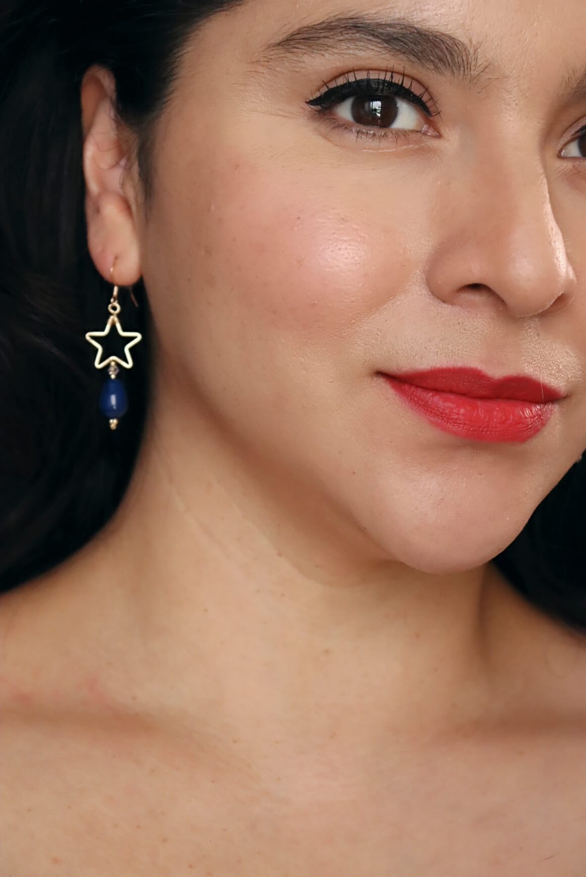 Blue Pearl Drop Earrings With Gold Stars - 14K Gold Classic Patriotic Earrings - Kaleidoscopes And Polka Dots