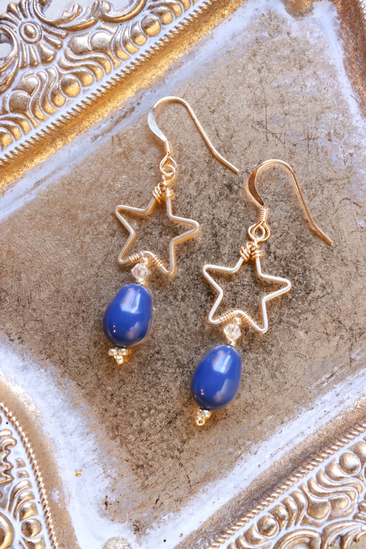 Vintage-Inspired Blue Pearl Drop Earrings With Gold Stars - 14K Gold Classic Patriotic Earrings - Kaleidoscopes And Polka Dots