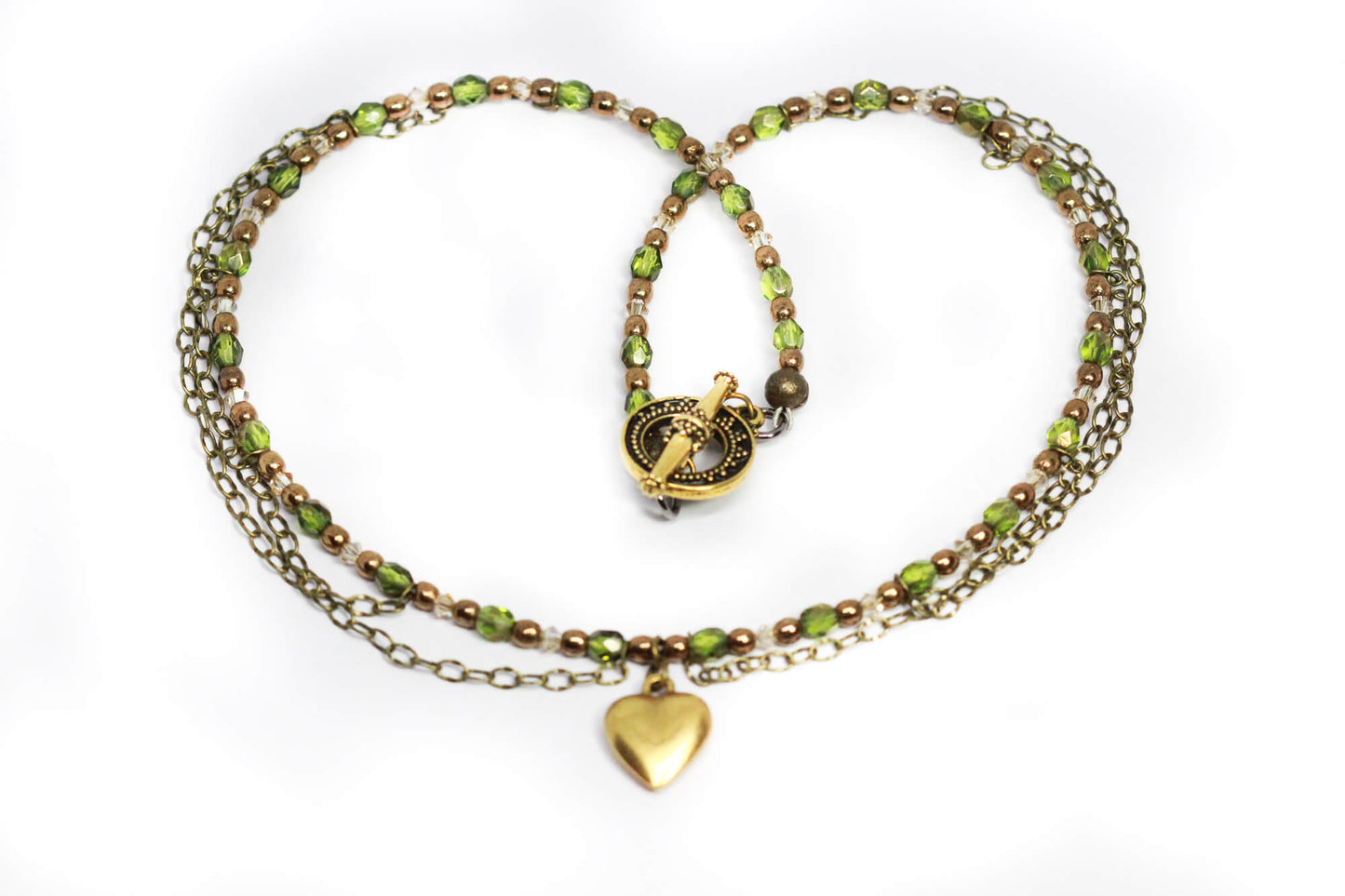 Handmade Green Necklace with Crystals & Heart Pendant