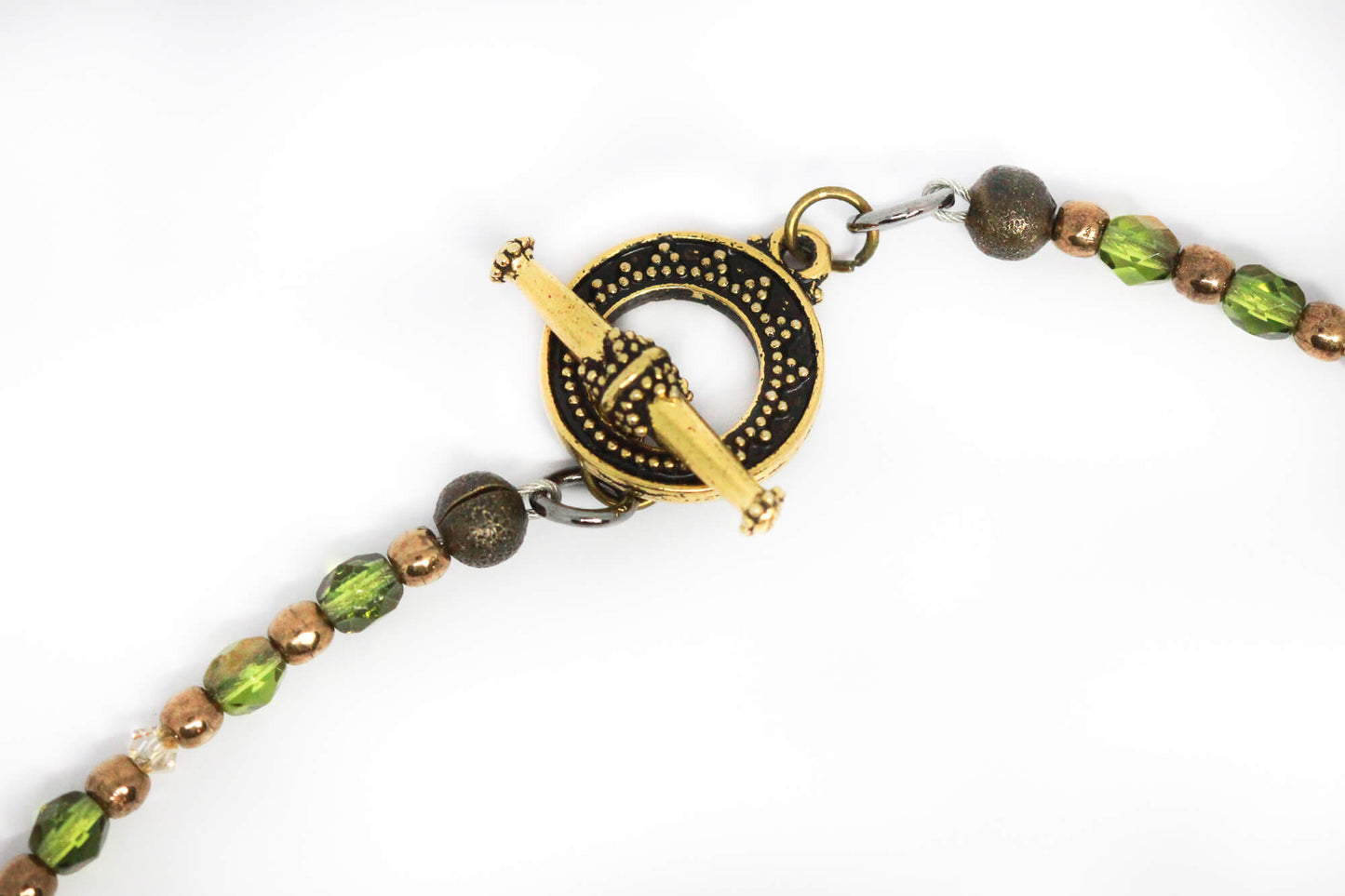 Gold Plated Toggle Clasp Of Handmade Green Necklace with Crystals & Heart Pendant