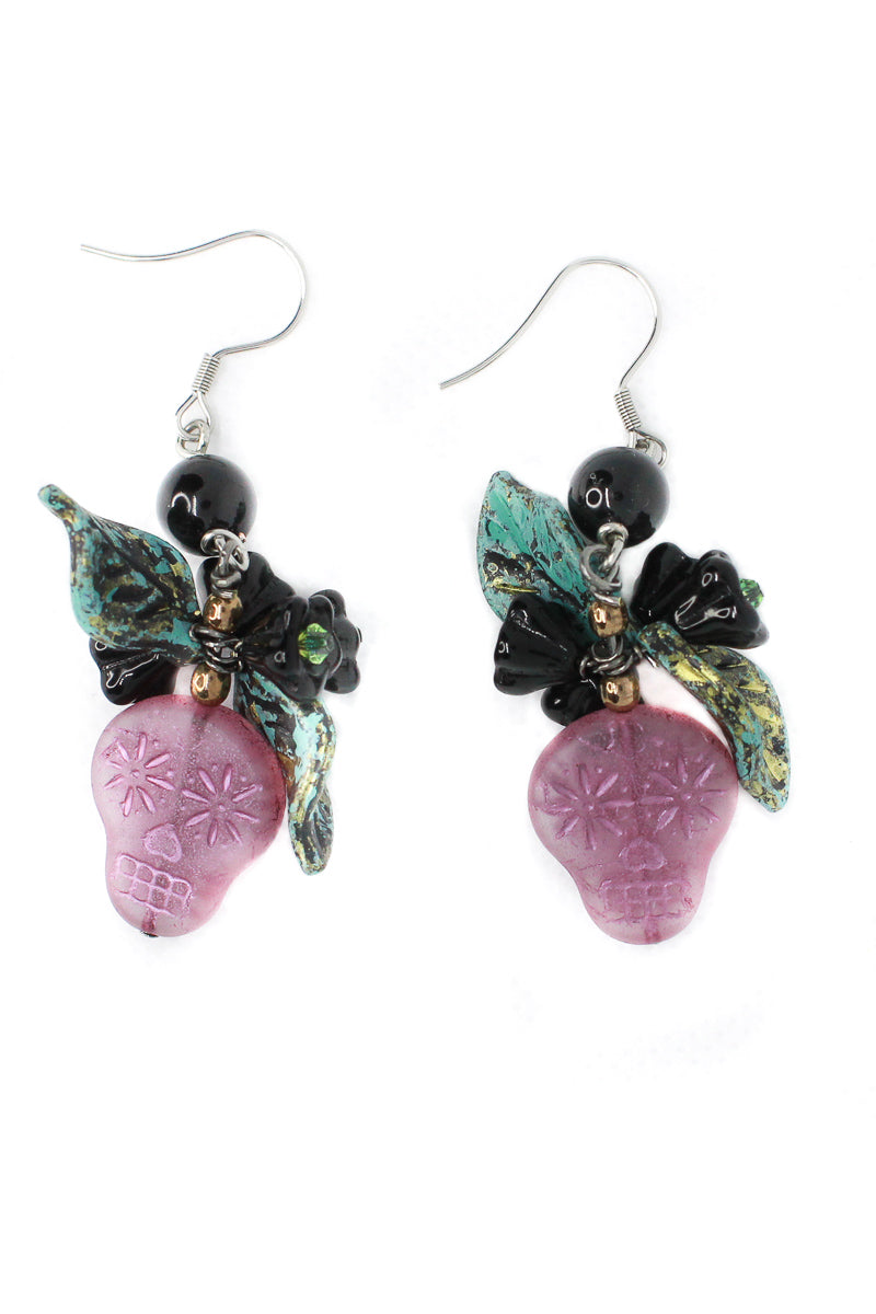 Dia De Los Muertos Pink Sugar Skull Dangle Stainless Steel Earrings