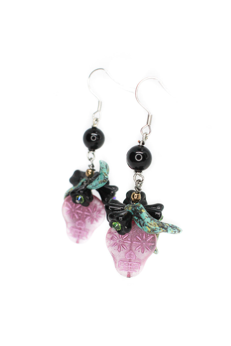 Dia De Los Muertos Pink Sugar Skull Dangle Beaded Earrings