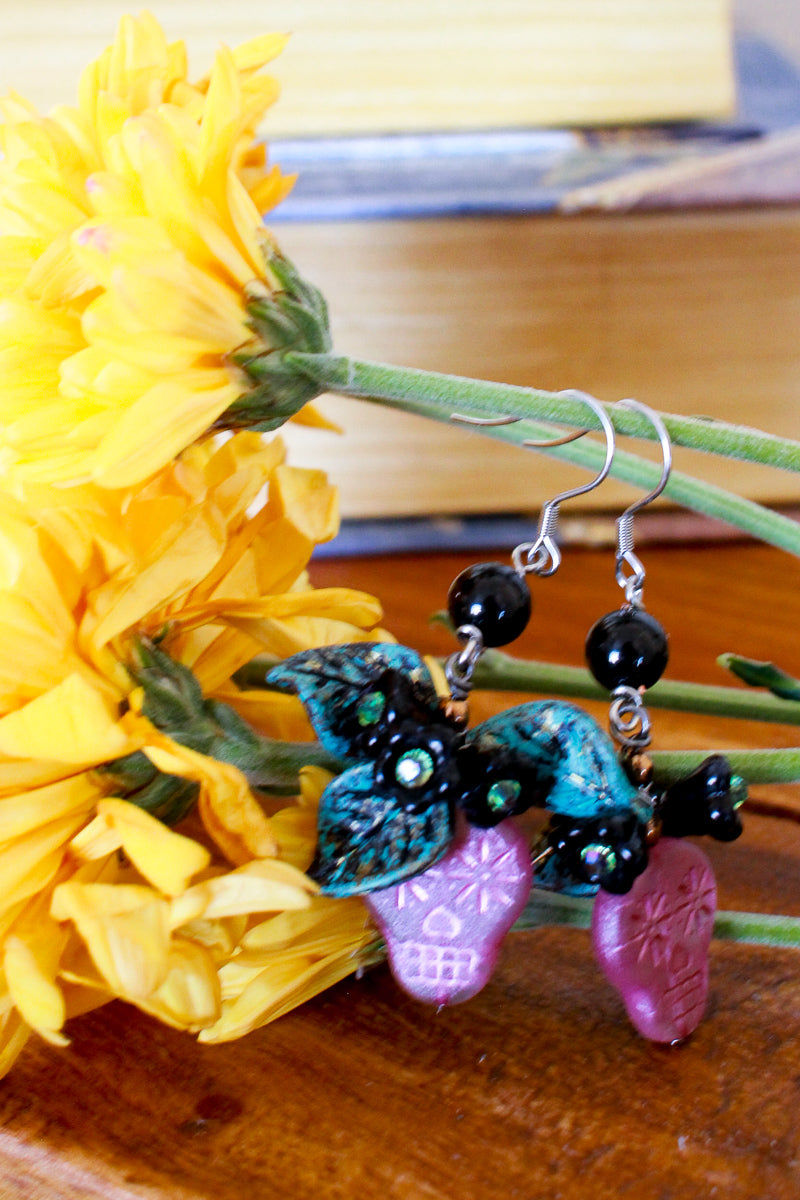 Dia De Los Muertos Pink Sugar Skull Dangle Earrings by Kaleidoscopes And Polka Dots