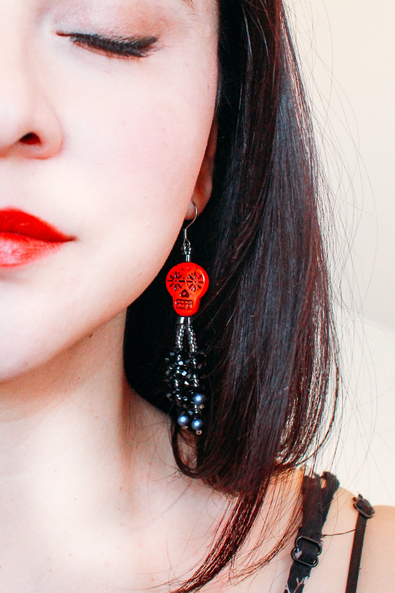 Day Of The Dead Red Sugar Skull Tassel Earrings