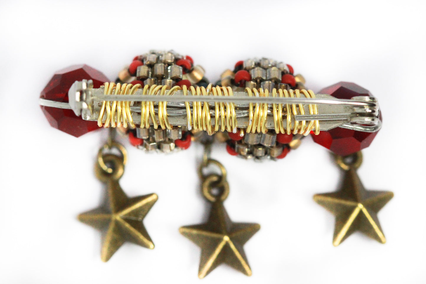 Handmade Brass Star & Red Crystal Pin Brooch