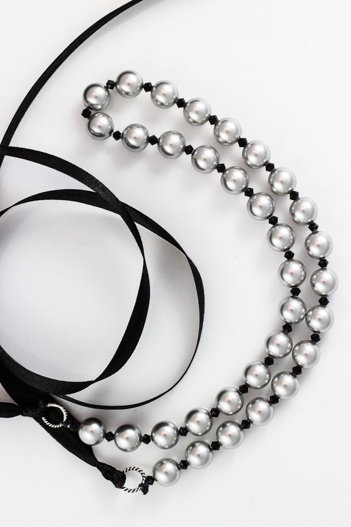gray pearl necklace with ribbon closure - closeup