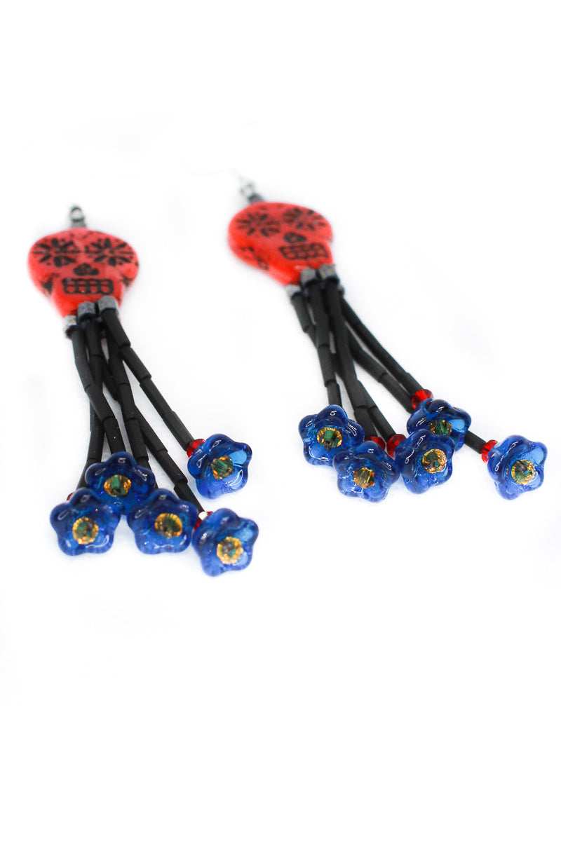 Blue Flower Tassel Red Sugar Skull Earrings