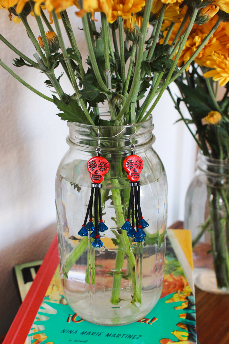 Day Of The Dead Red Sugar Skull Blue Flower Tassel Earrings by Kaleidoscopes And Polka Dots