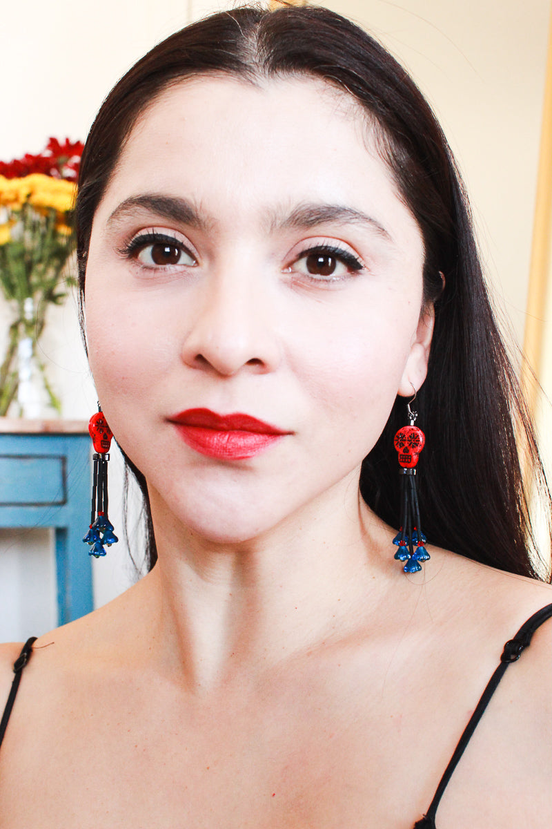 Red Sugar Skull Tassel Earrings by Kaleidoscopes And Polka Dots