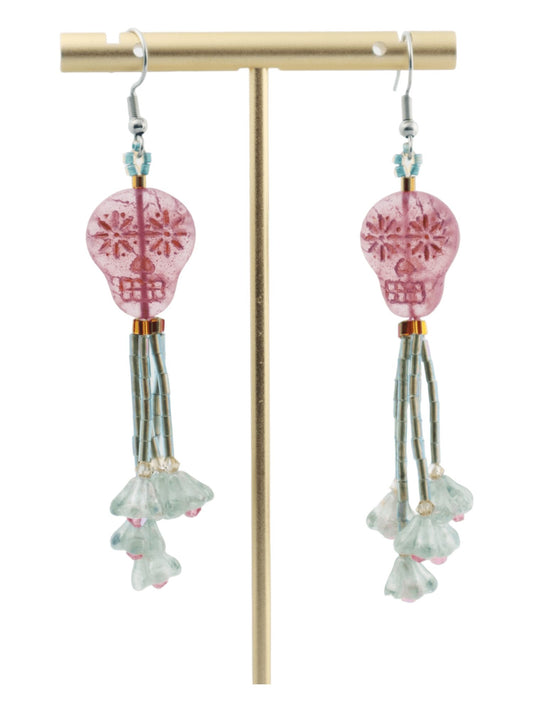 Pink-Sugar-Skull-Green-Tassel-Earrings---Green-Flower-And-Crystal-Tassels---Kaleidoscopes-And-Polka-Dots