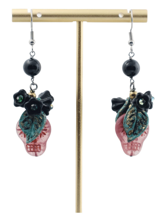 Pink-Sugar-Skull-Black-Flower-Earrings---Swarovski-Crystal-Black-Pearls---Kaleidoscopes-And-Polka-Dots