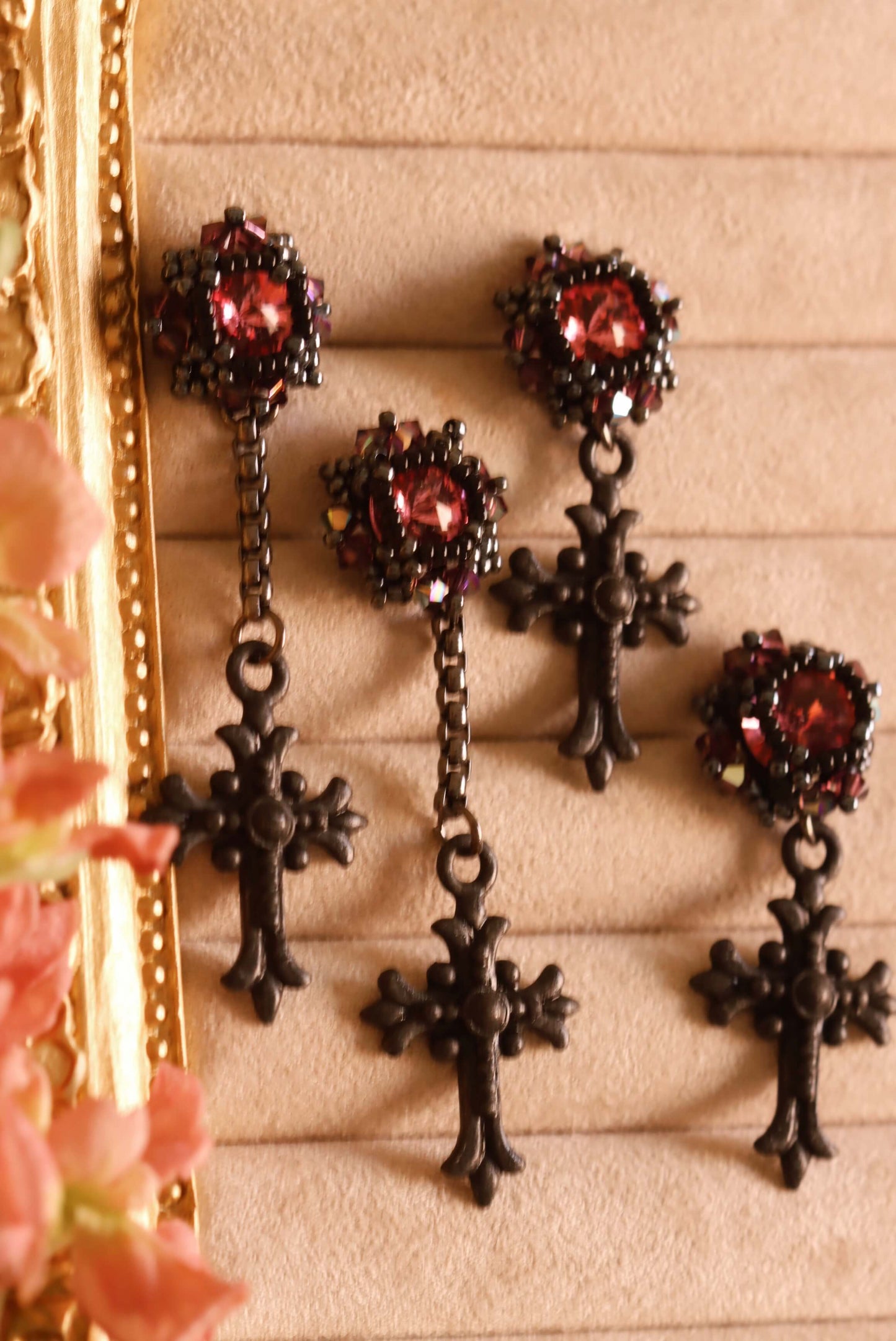 Gothic-Cross-Crystal-Earrings_Pink-Crystal-Studs_Kaleidoscopes-And-Polka-Dots