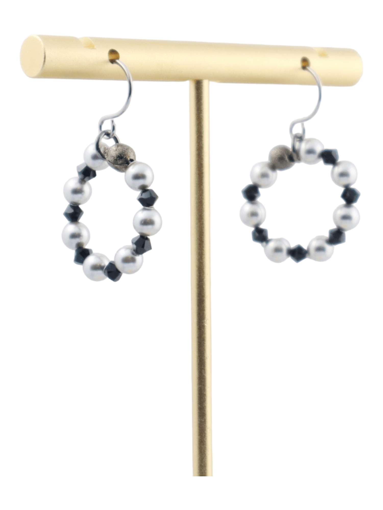 Small-Silver-Pearl-Hoop-Earrings---Black-Swarovski-Crystals---SIDE---Kaleidoscopes-And-Polka-Dots