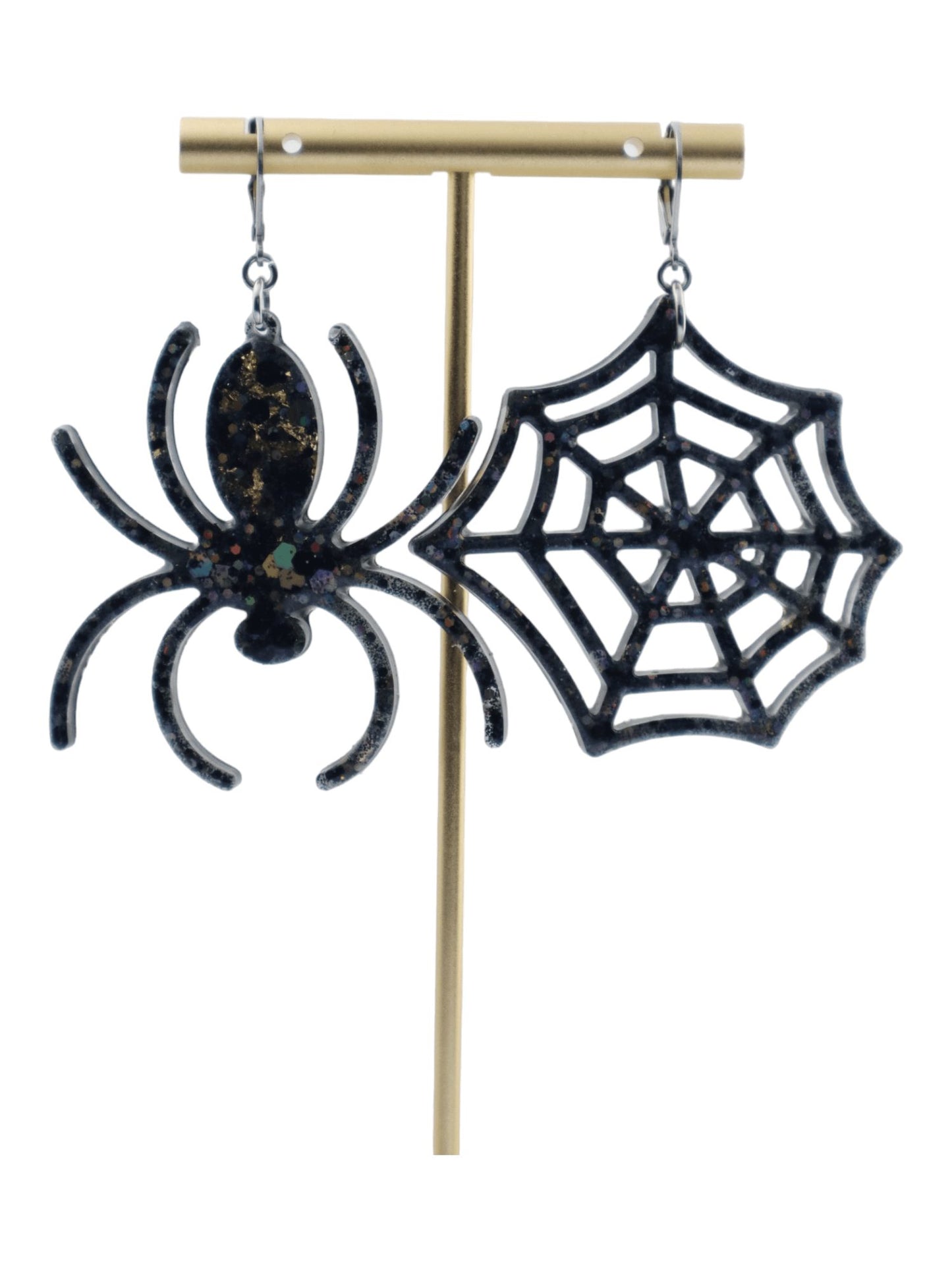 Spiderweb-Earrings---BLACK-Glittery-Halloween-Earrings---FRONT---Kaleidoscopes-And-Polka-Dots