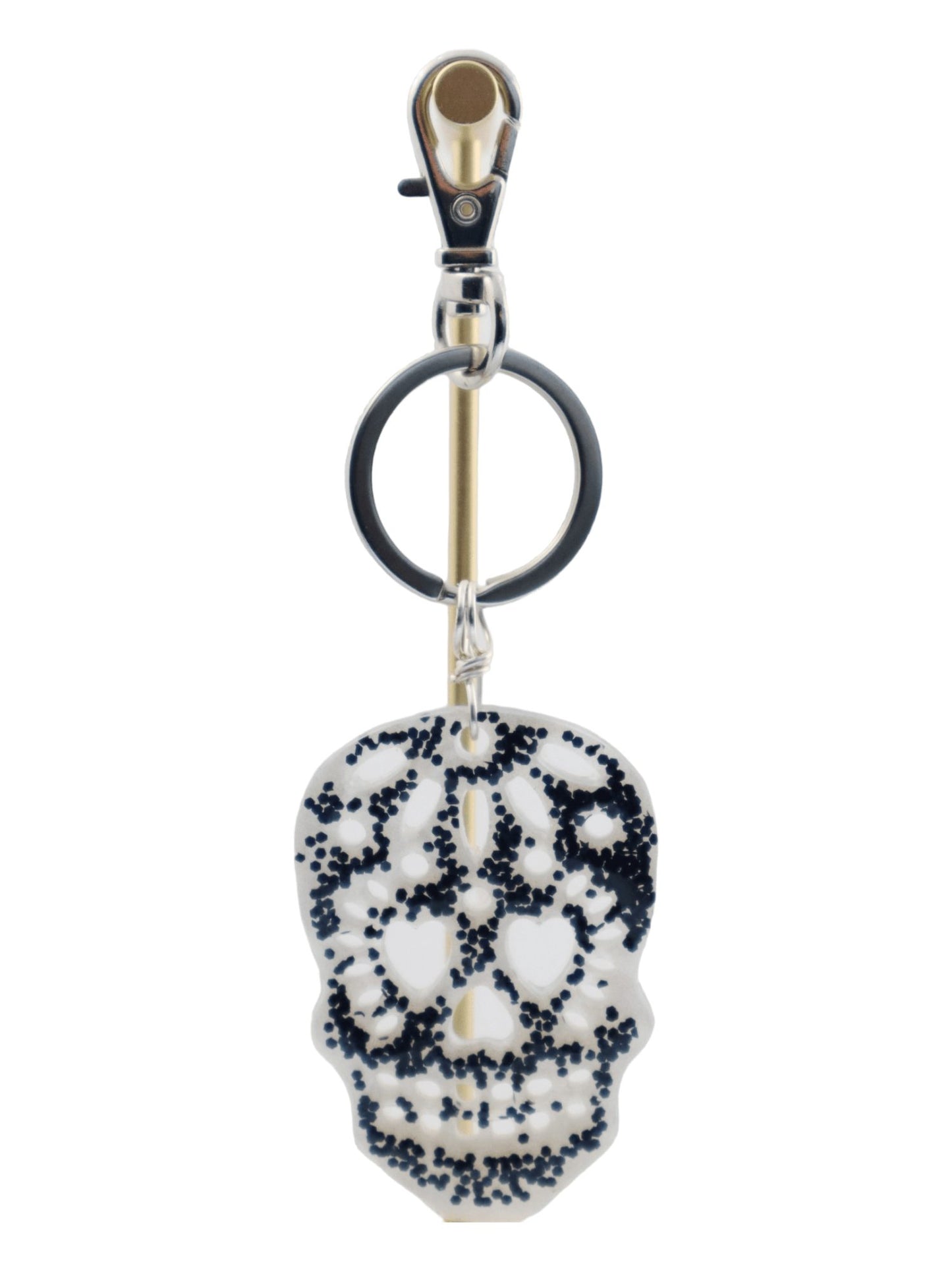 Sugar-Skull-Charm---BLACK-WHITE--Glittery-Halloween-Keychain---Kaleidoscopes-And-Polka-Dots