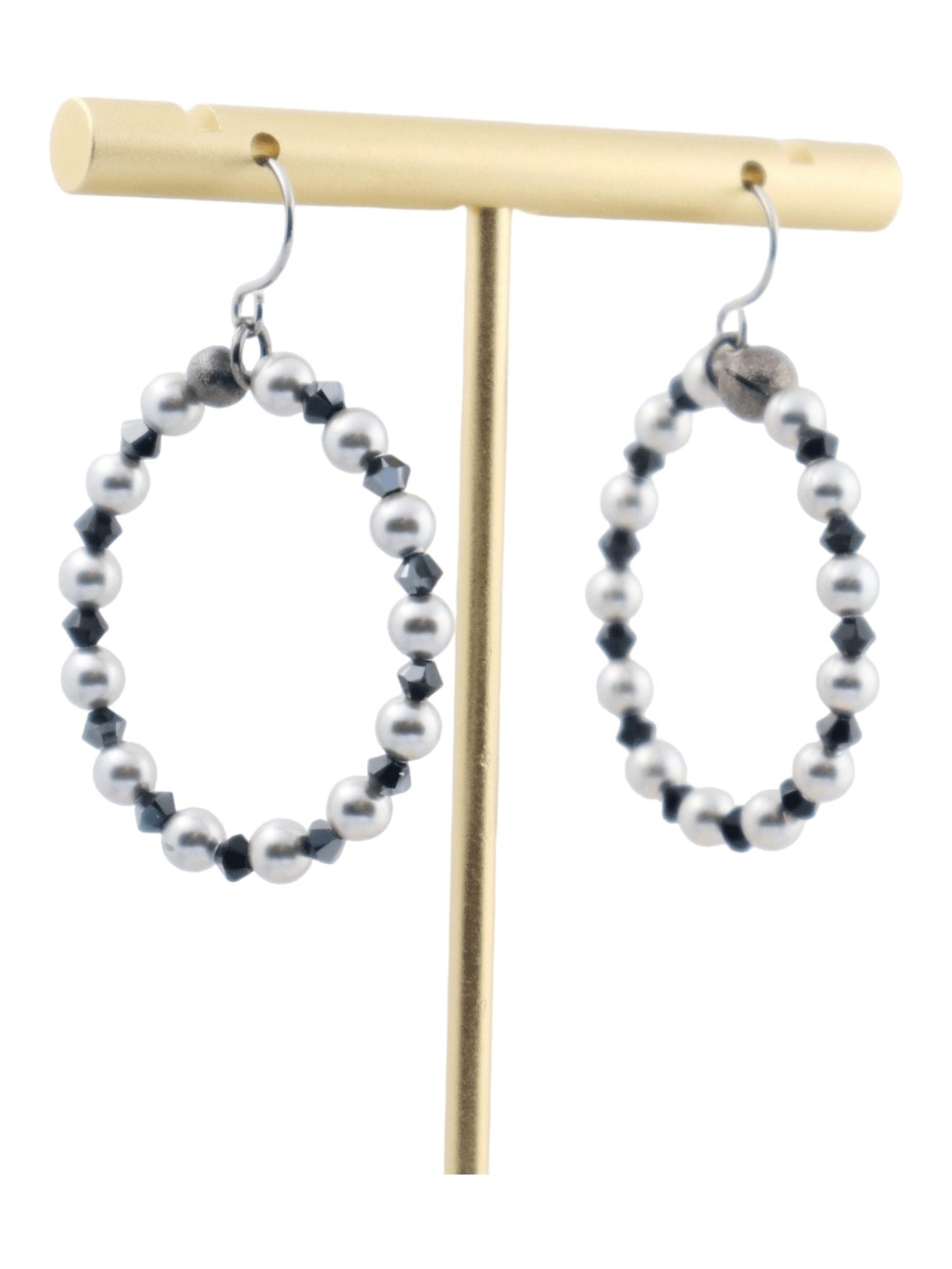 Black-Crystal-Silver-Pearl-Hoop-Earrings---Silver-Swarovski-Pearls---SIDE---Kaleidoscopes-And-Polka-Dots