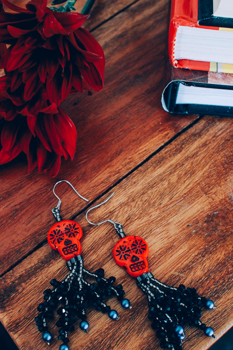 Red Sugar Skull Crystal Tassel Earrings