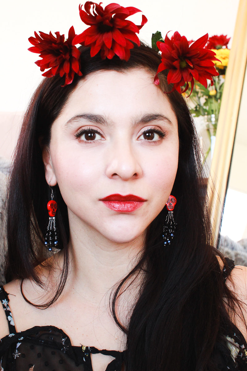 Red Sugar Skull Crystal Tassel Earrings