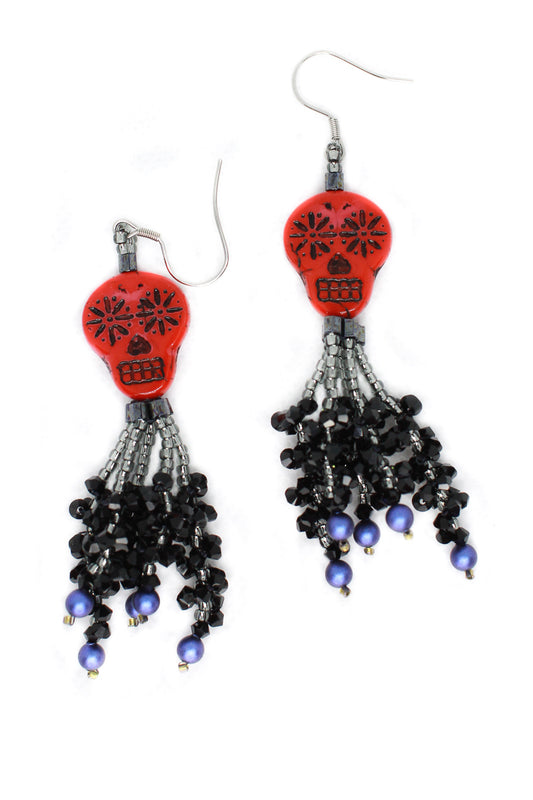 Red Sugar Skull Tassel Earrings