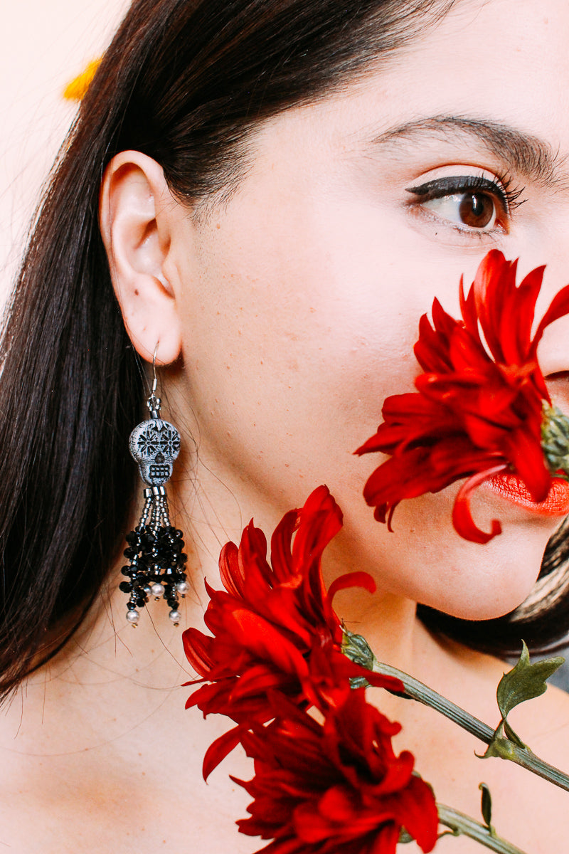 Stunning-Day-Of-The-Dead-black-sugarskull-and-ribbon-tassel-earrings-#skullearrings-#tasselearrings-#diadelosmuertosearings-#sugarskullearrings-#handmadeearrings