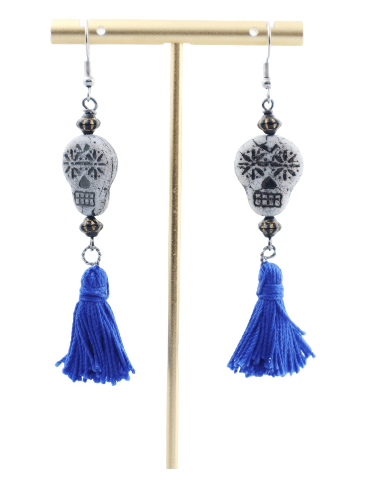 Sugar-Skull-Colorful-Blue-Tassel-Earrings---Blue-Tassel---Kaleidoscopes-And-Polka-Dots