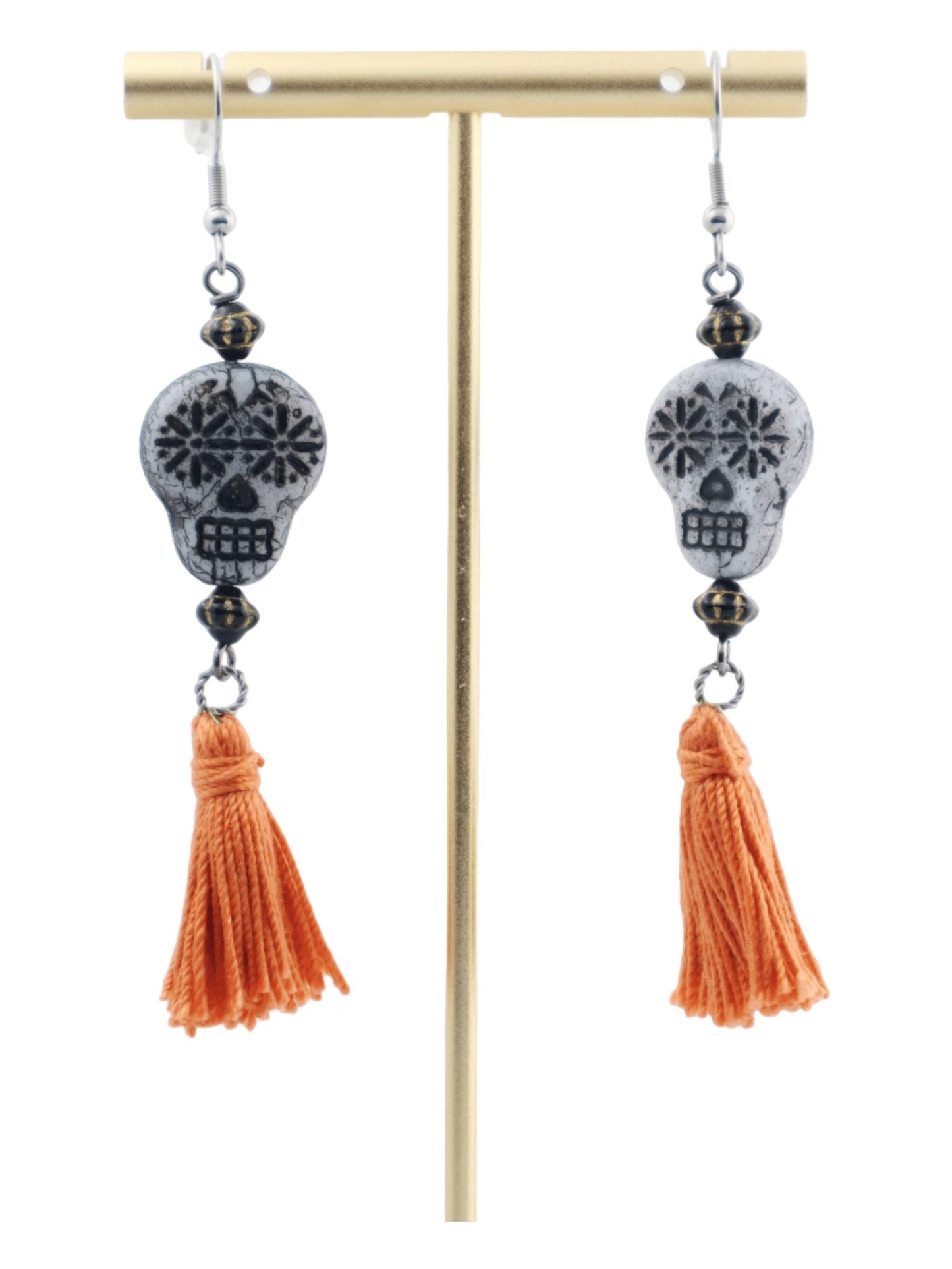 Sugar-Skull-Tassel-Earrings---Orange-Tassel---Kaleidoscopes-And-Polka-Dots