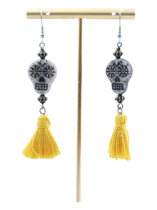 Sugar Skull Colorful Tassel Earrings - Yellow Tassel Dangle Earrings by Kaleidoscopes And Polka Dots