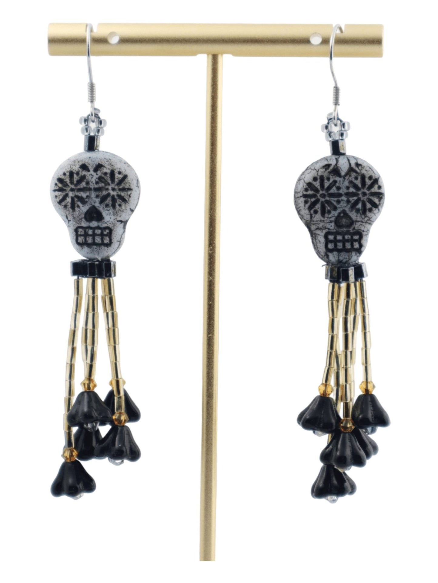 Tassel-Sugar-Skull-Earrings---Black-Flower-Tassels---Kaleidoscopes-And-Polka-Dots