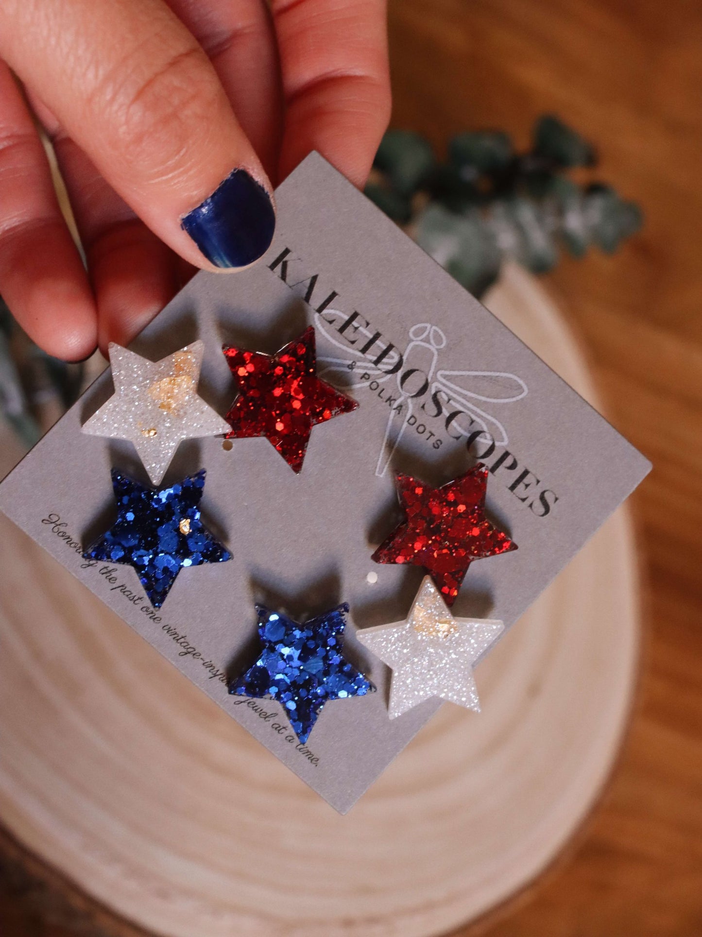 patriotic-glittery-star-stud-earrings---hypoallergenic-earrings---red-white-and-blue-jewelry---kaleidoscopes-and-polka-dots