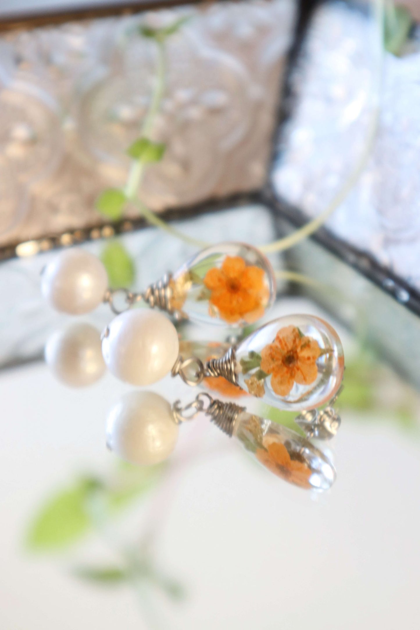 Pearl-drop-earrings---flower-pressed-jewelry---romantic-jewelry---flower-jewelry---Kaleidoscopes-And-Polka-Dots