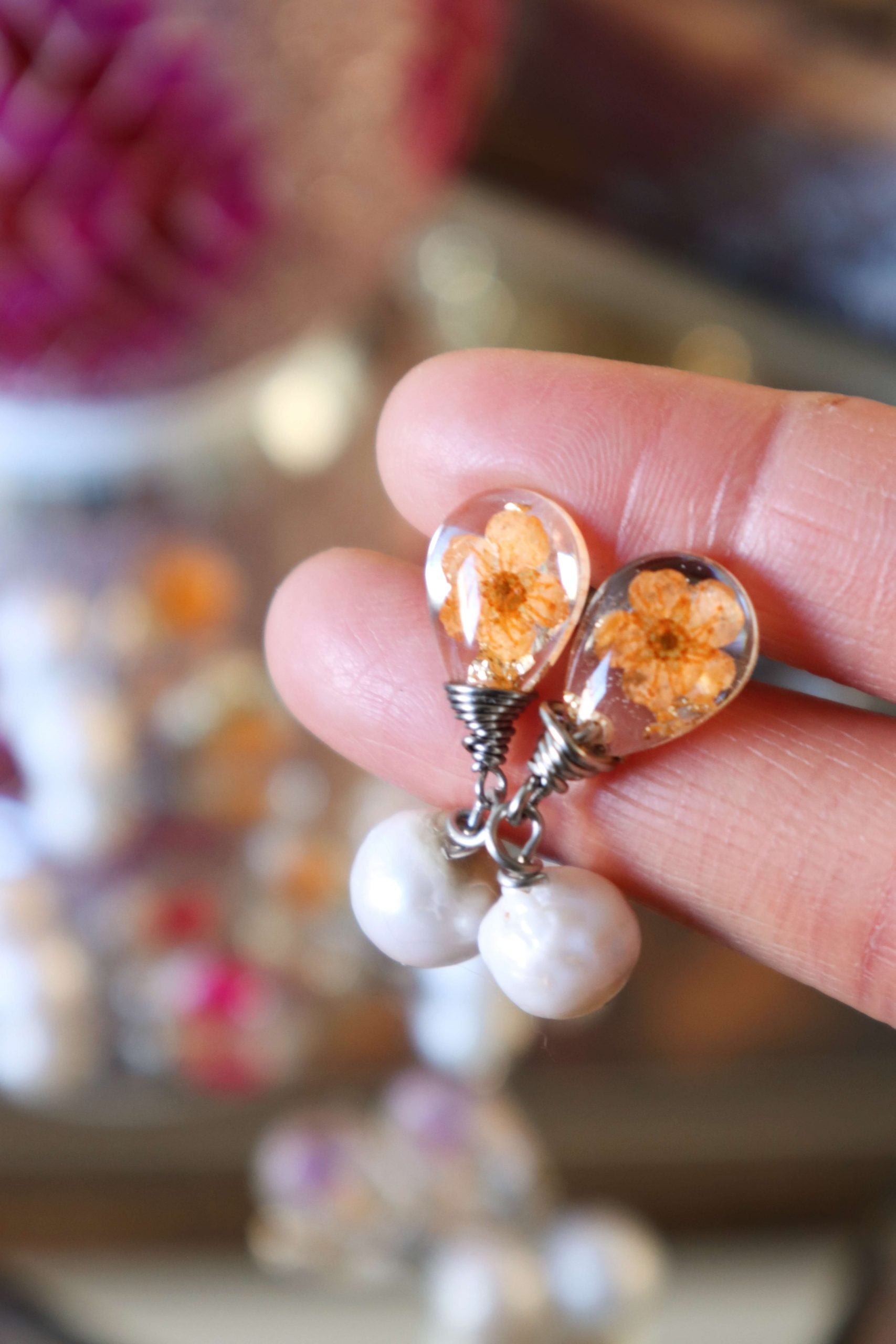 Wedding Baroque Pearl Orange Pressed Flower Earrings by Kaleidoscopes And Polka Dots