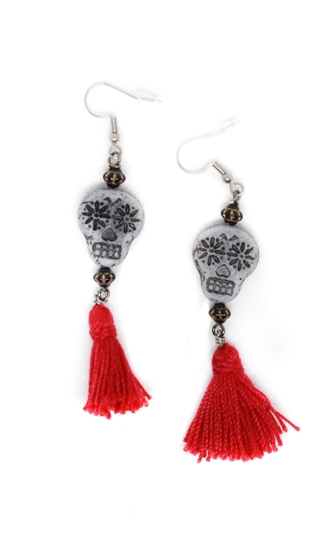 Sugar Skull Earrings with Red Tassels by Kaleidoscopes And Polka Dots