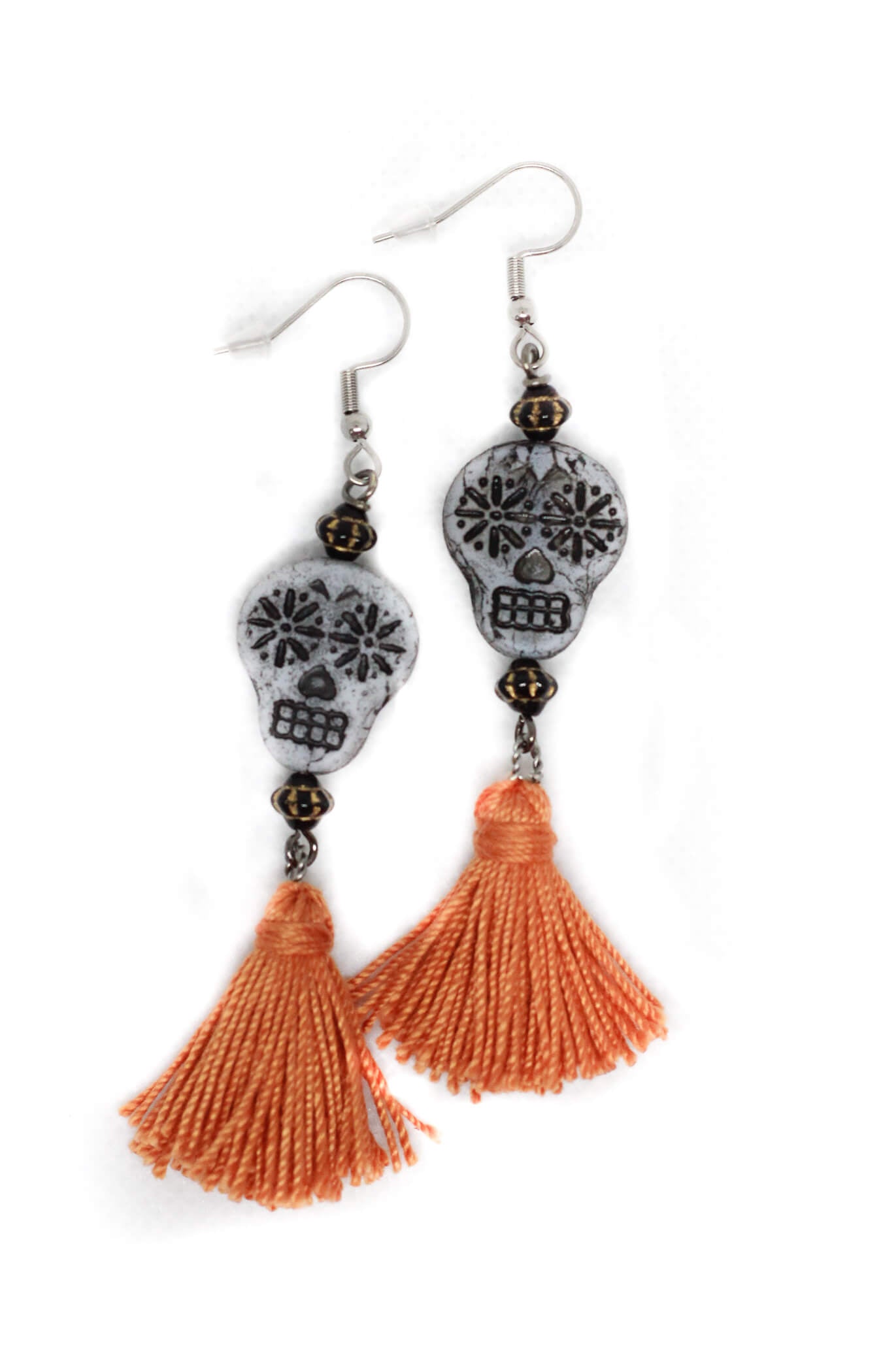 Sugar Skull Earrings with Orange Tassels by Kaleidoscopes And Polka Dots