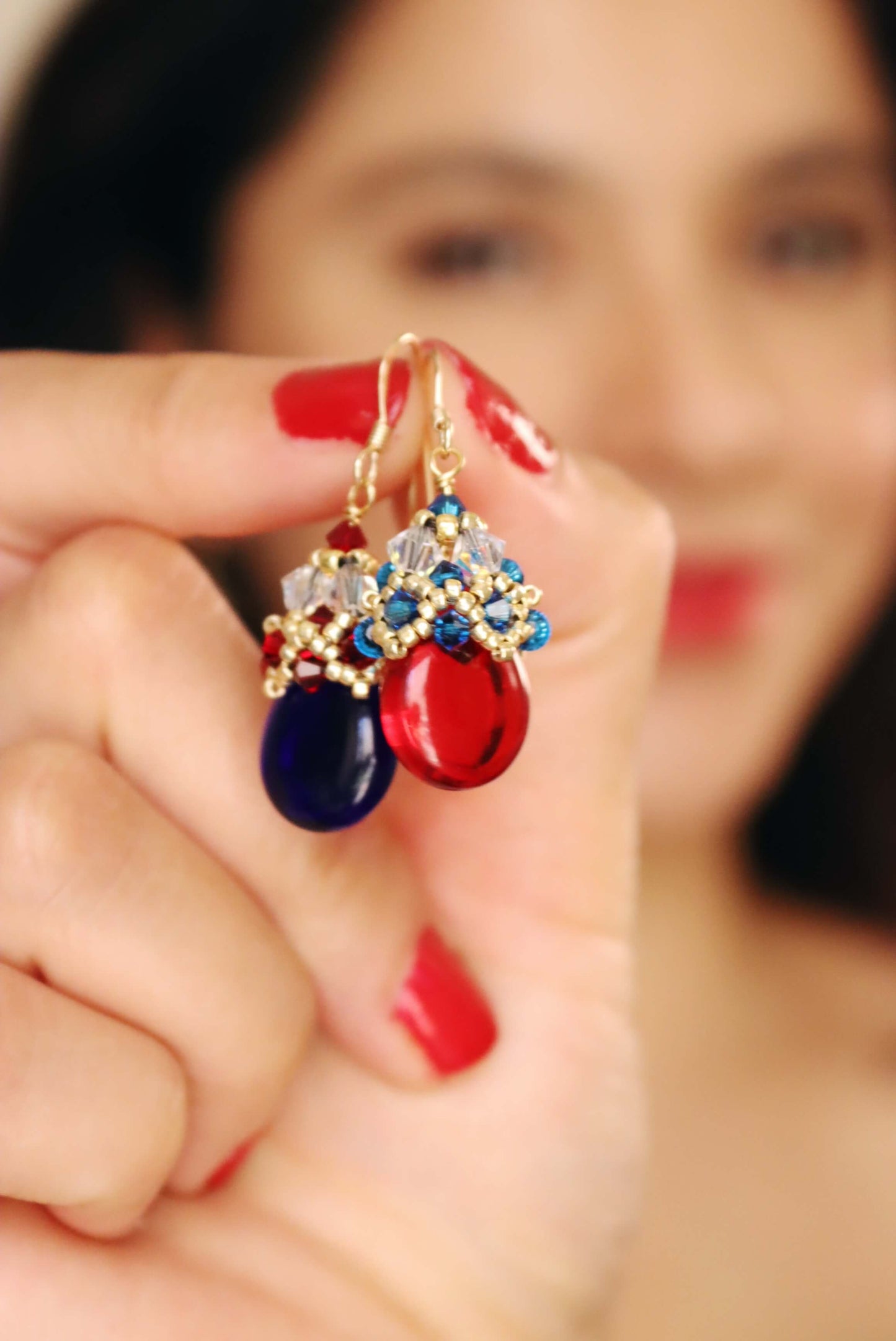 Elegant Red And Blue Patriotic Beaded Earrings Featuring 14K Gold Earring Hooks - Kaleidoscopes And Polka Dots